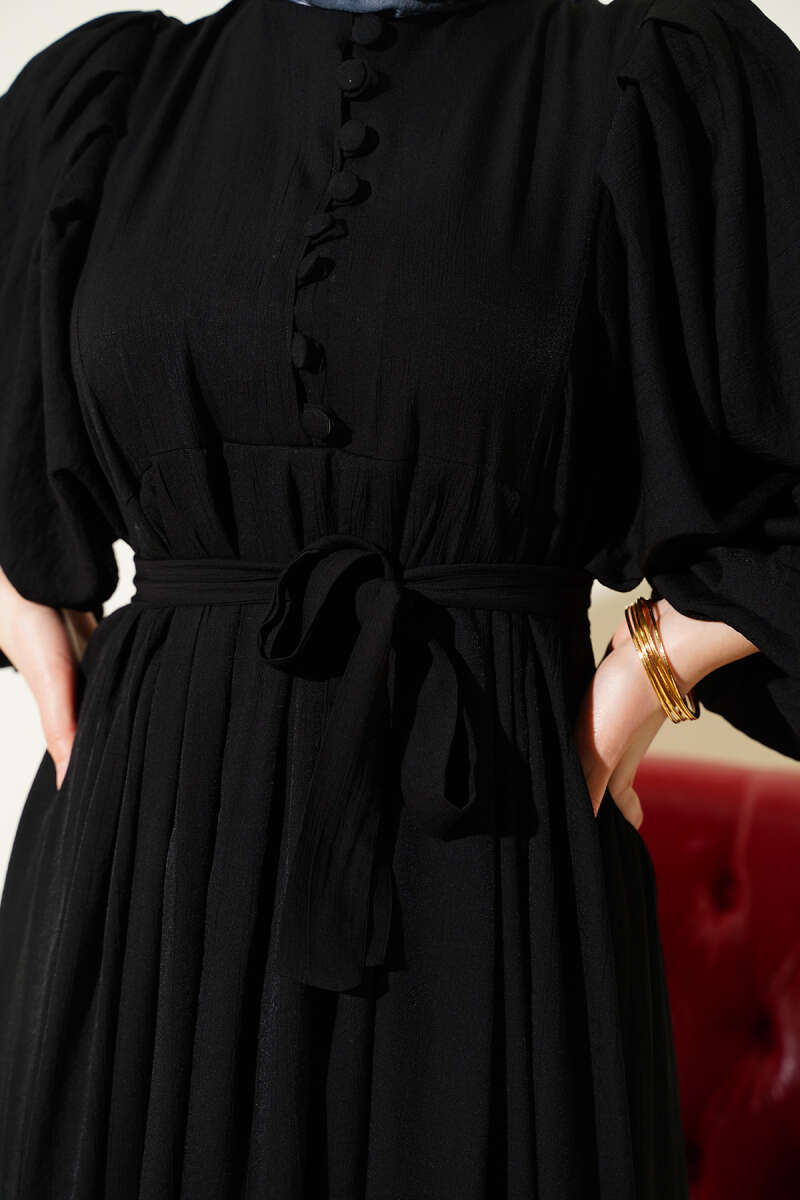 Half Rivet-Button Balloon-Sleeve Dress - Black