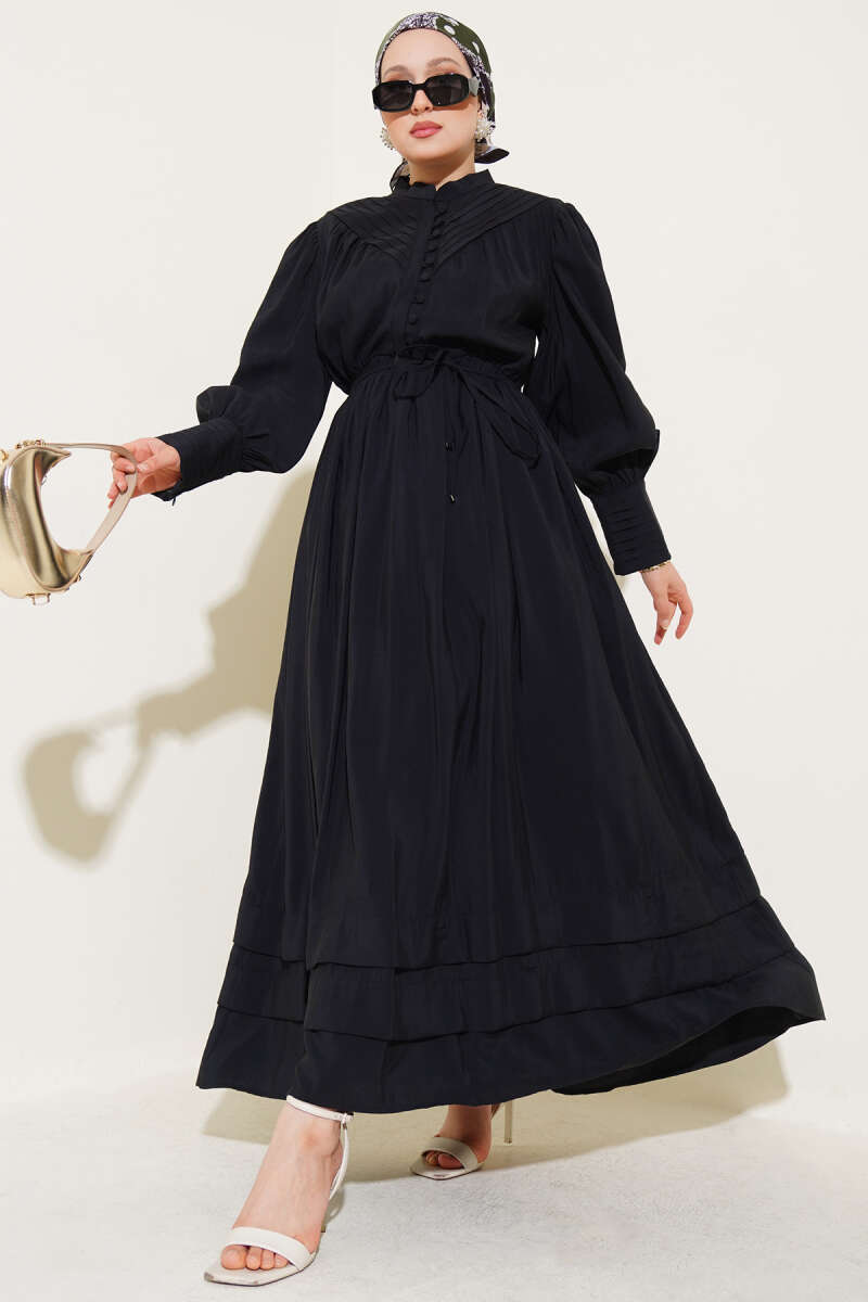 Half Rivet-Button Dress with Elastic Waist - Black