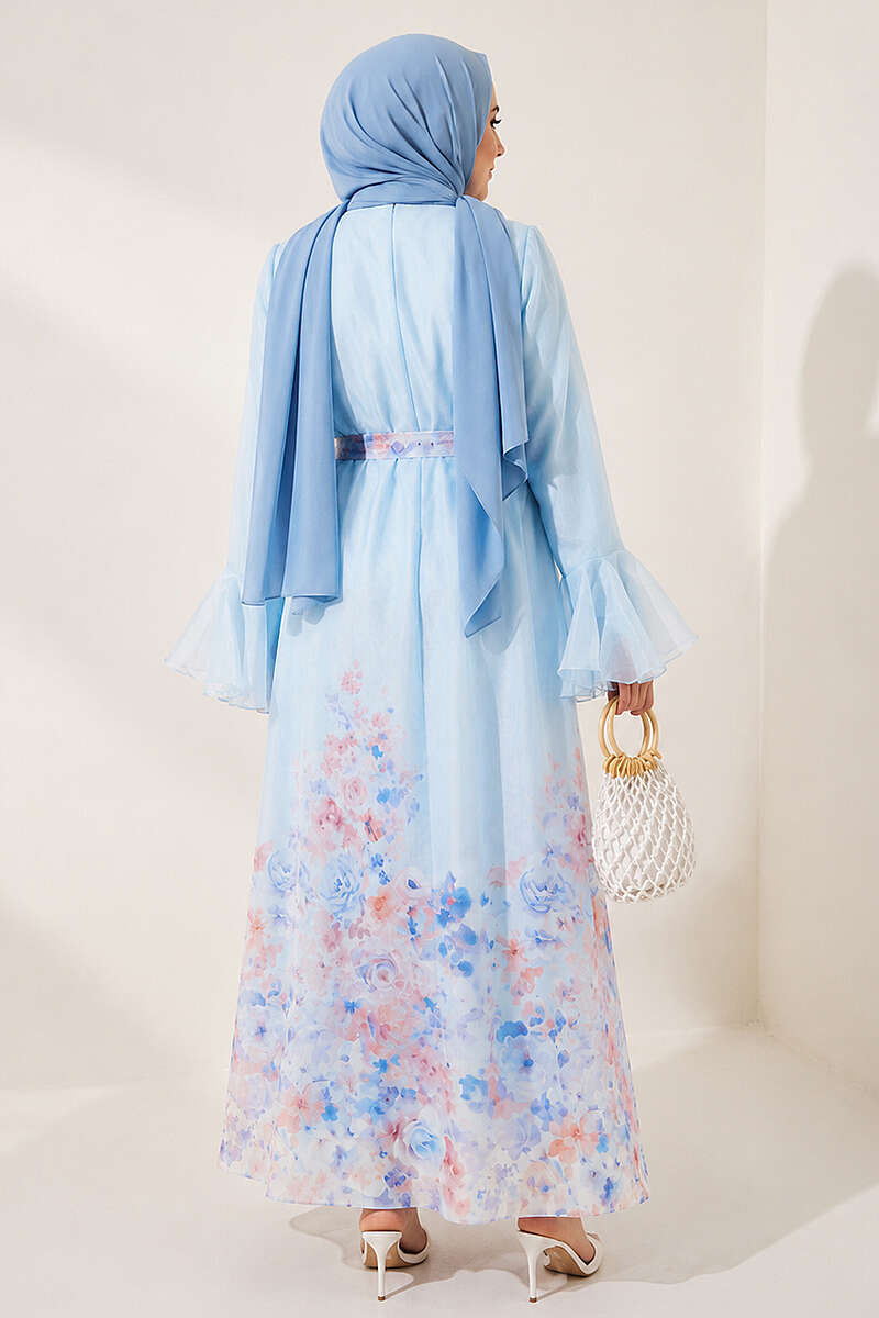 Floral Dress with Half Rivet Buttons - Blue