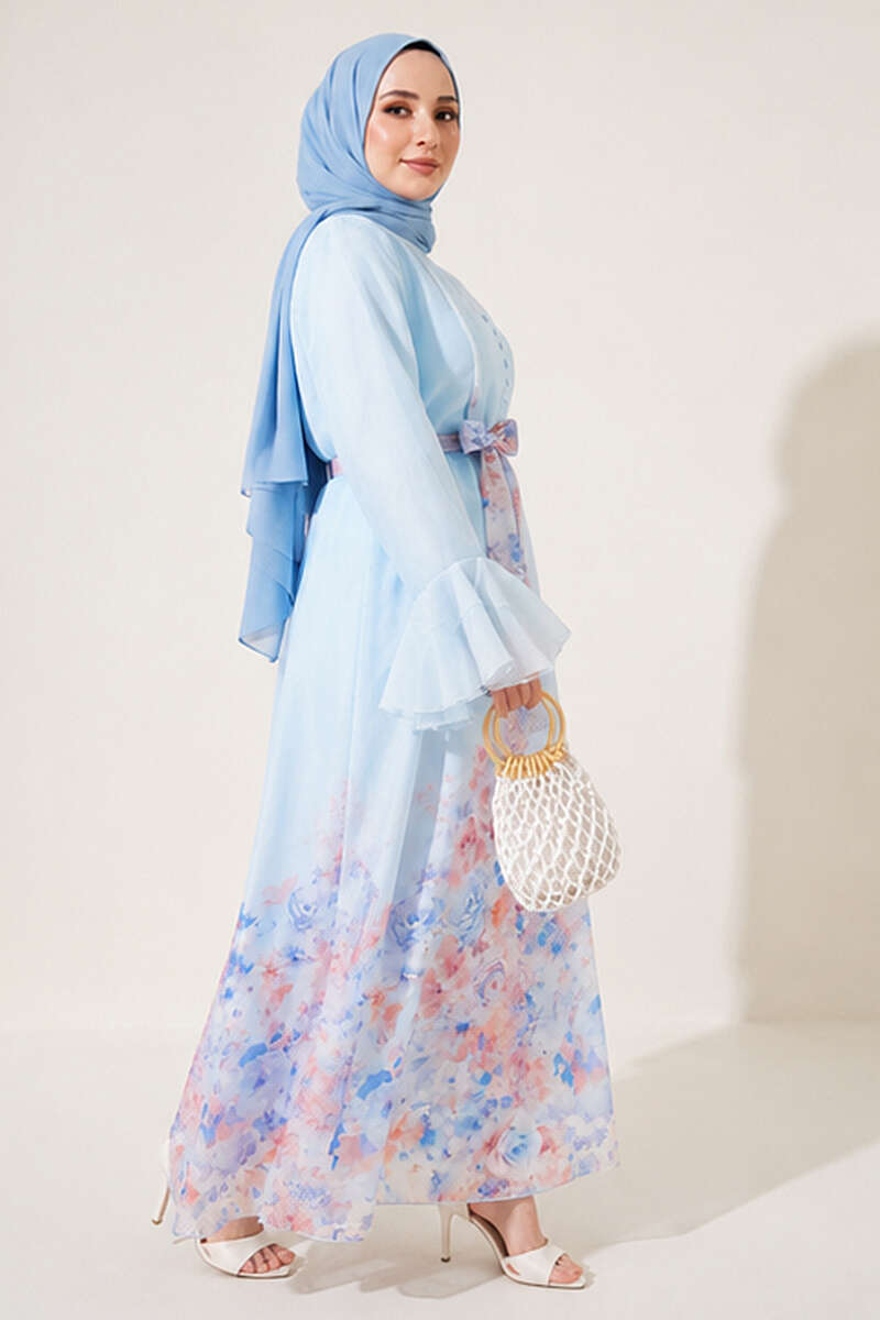 Floral Dress with Half Rivet Buttons - Blue