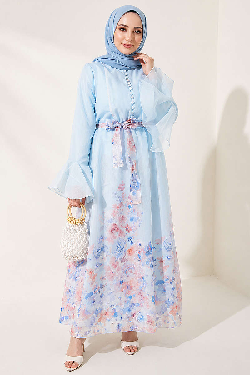 Floral Dress with Half Rivet Buttons - Blue