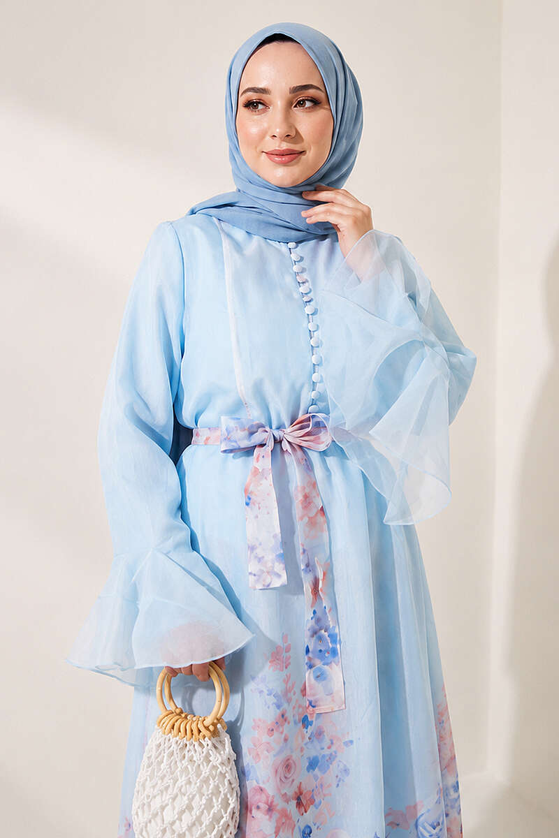 Floral Dress with Half Rivet Buttons - Blue