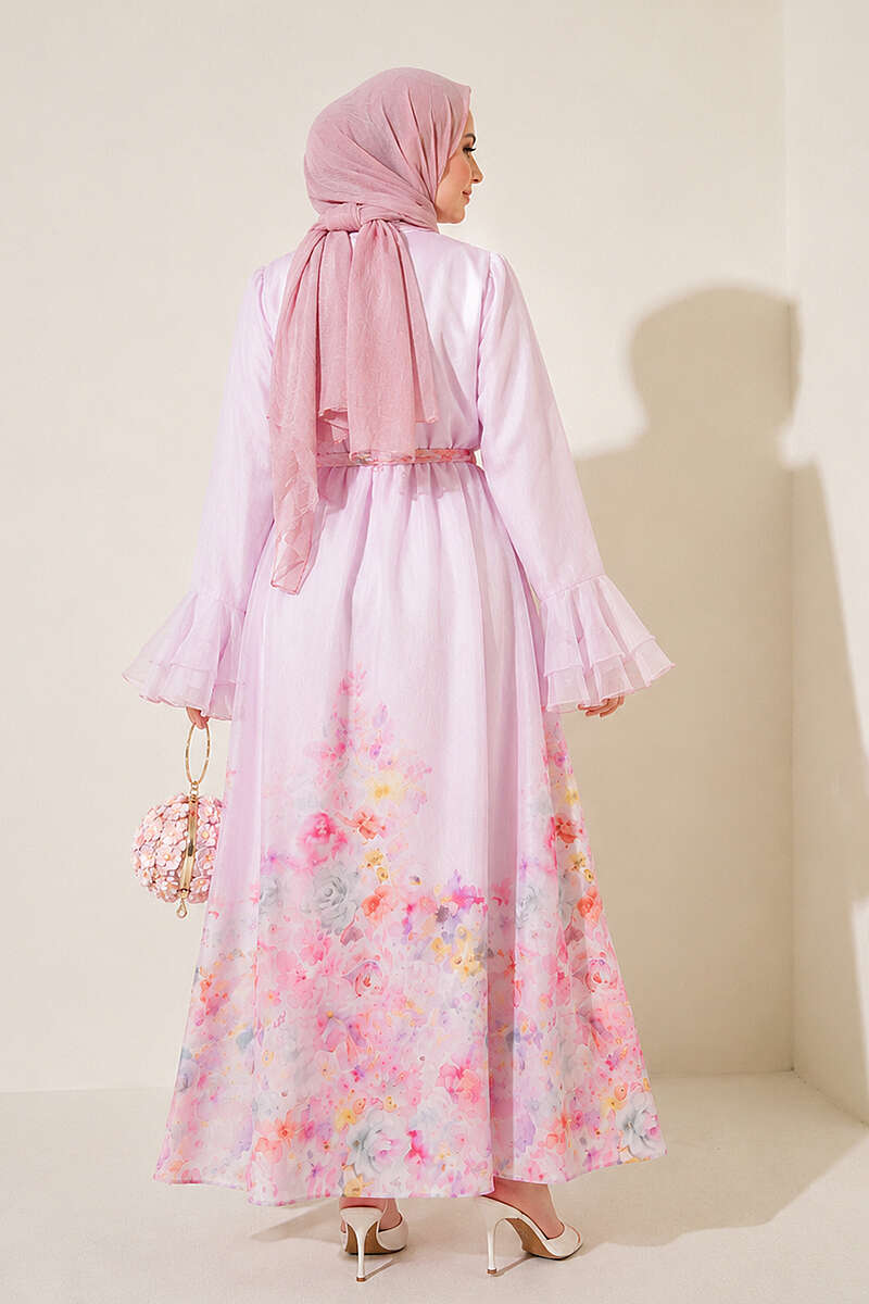 Floral Dress with Half Rivet Buttons - Pink