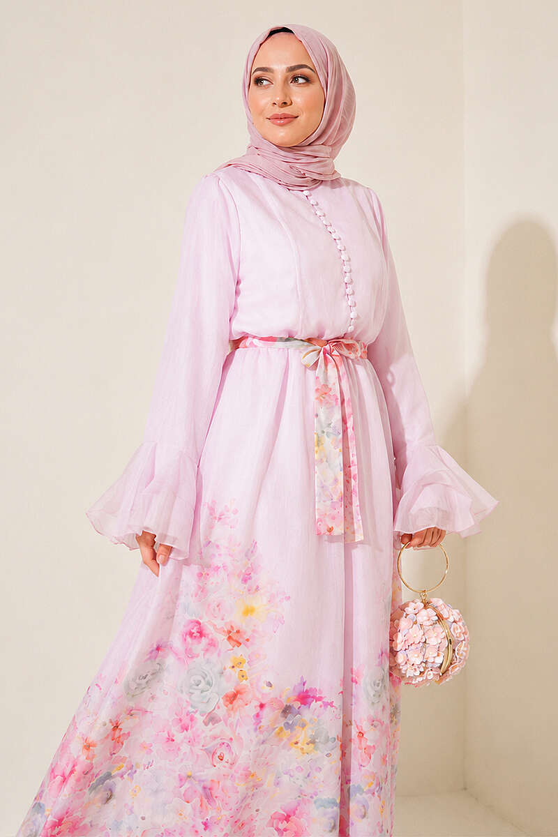 Floral Dress with Half Rivet Buttons - Pink