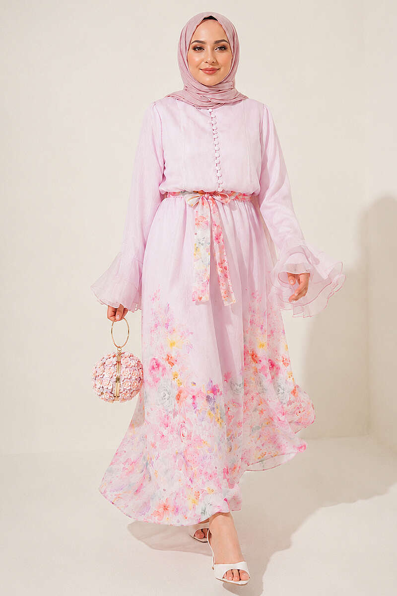 Floral Dress with Half Rivet Buttons - Pink