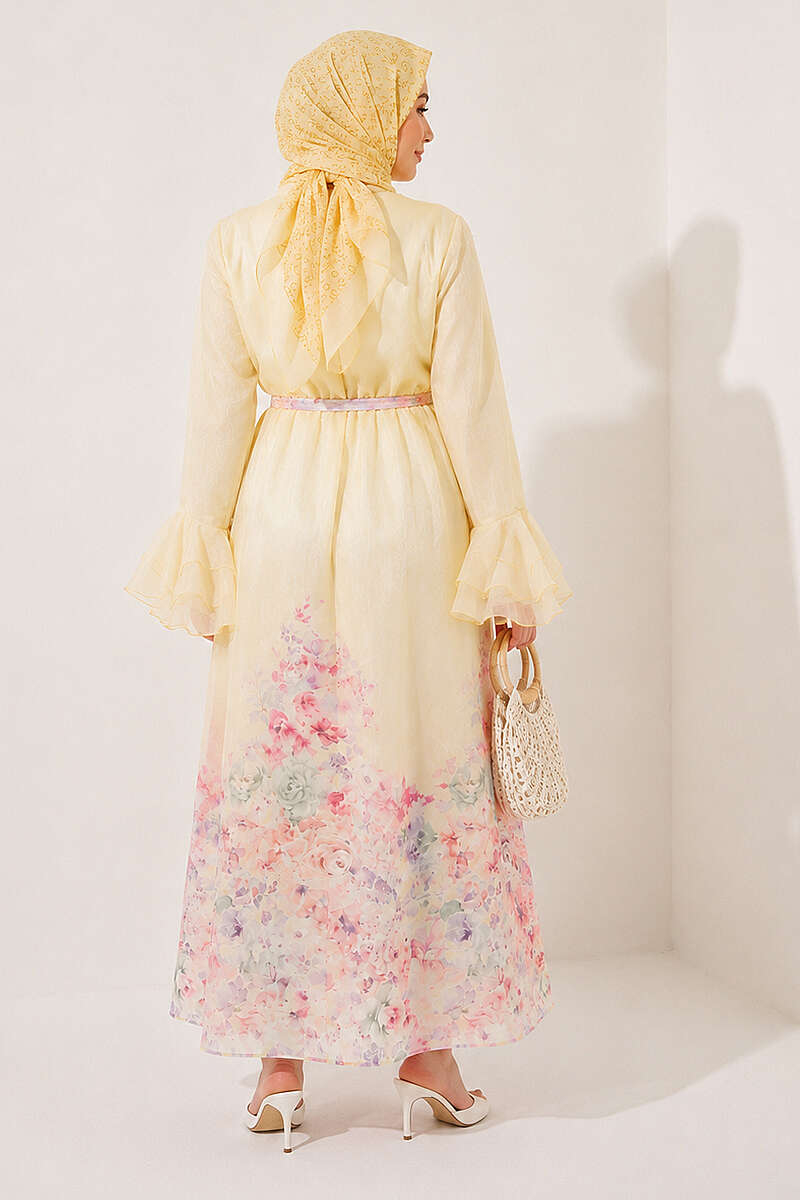 Floral Dress with Half Rivet Buttons - Yellow