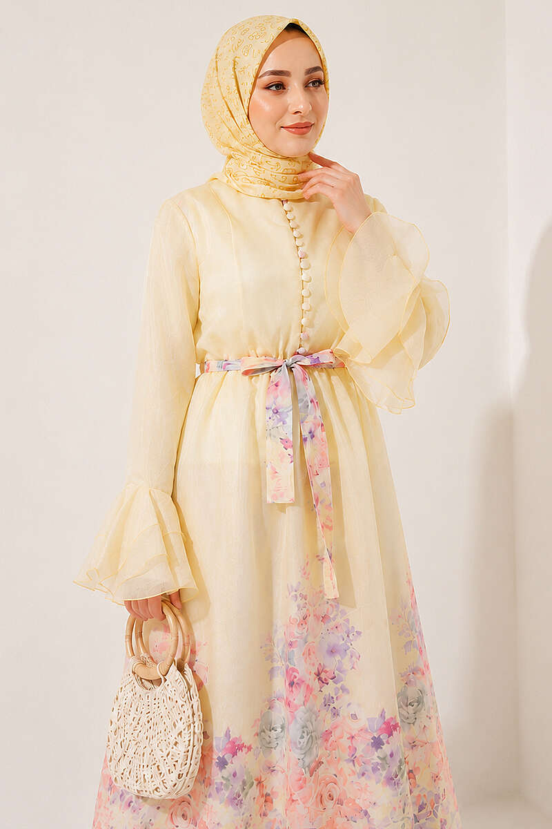 Floral Dress with Half Rivet Buttons - Yellow