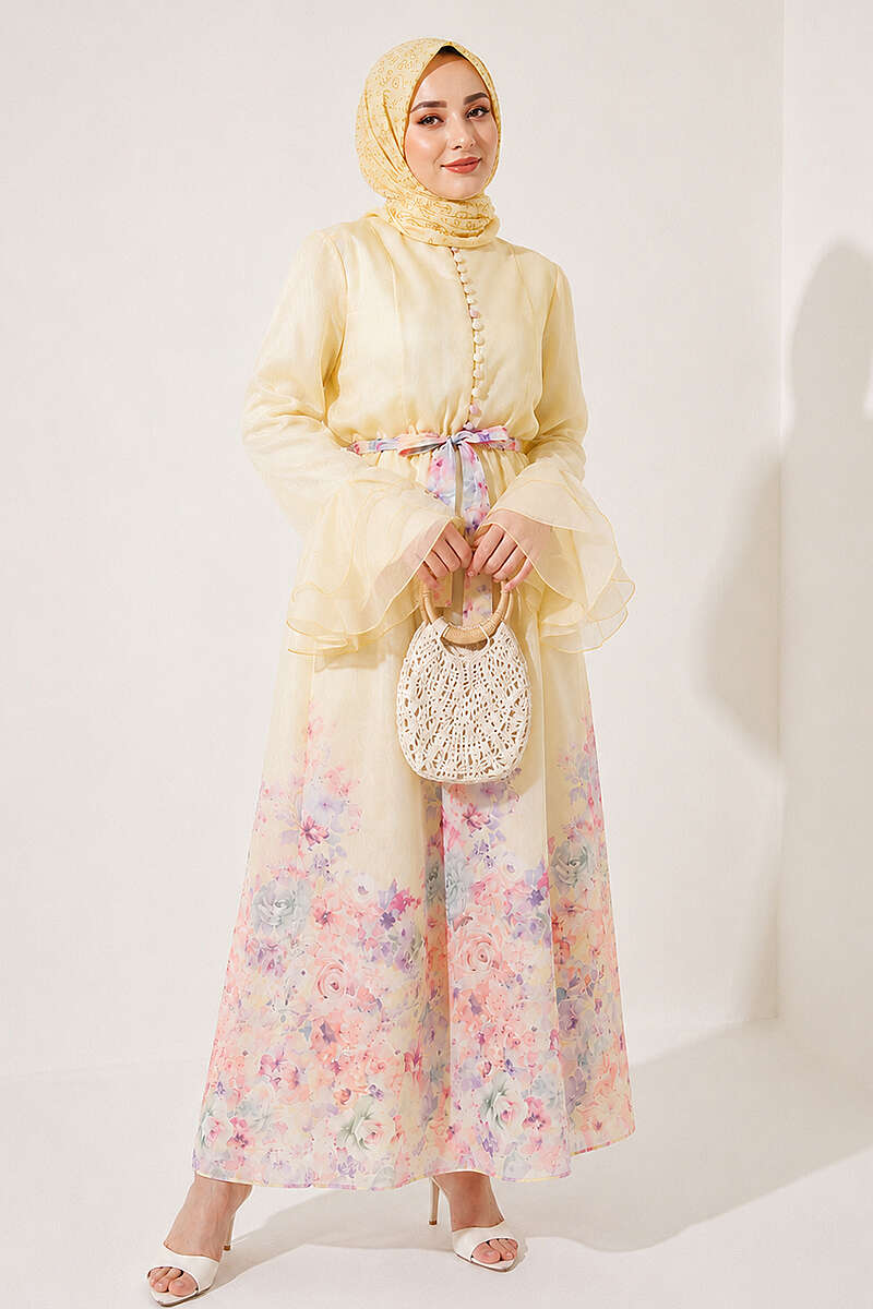 Floral Dress with Half Rivet Buttons - Yellow