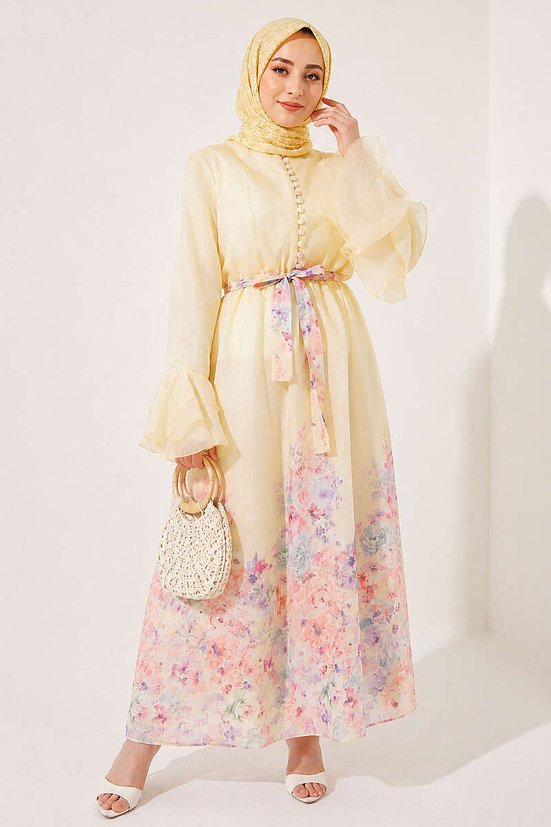 Floral Dress with Half Rivet Buttons - Yellow
