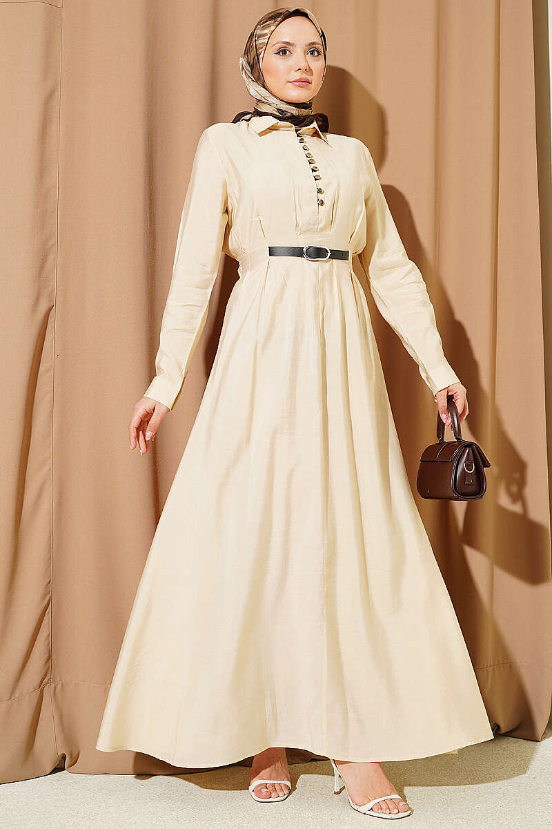 Half Rivet-Button Dress with Belt Detail - Beige