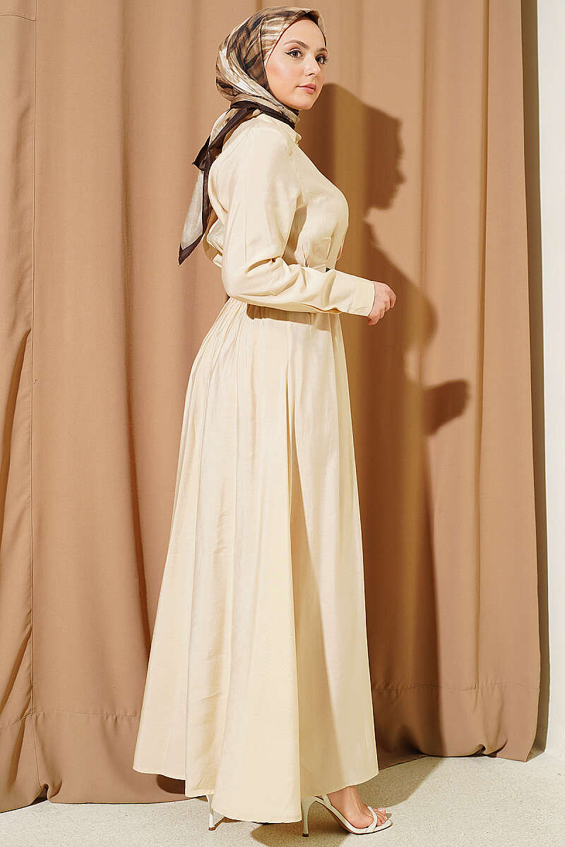 Half Rivet-Button Dress with Belt Detail - Beige