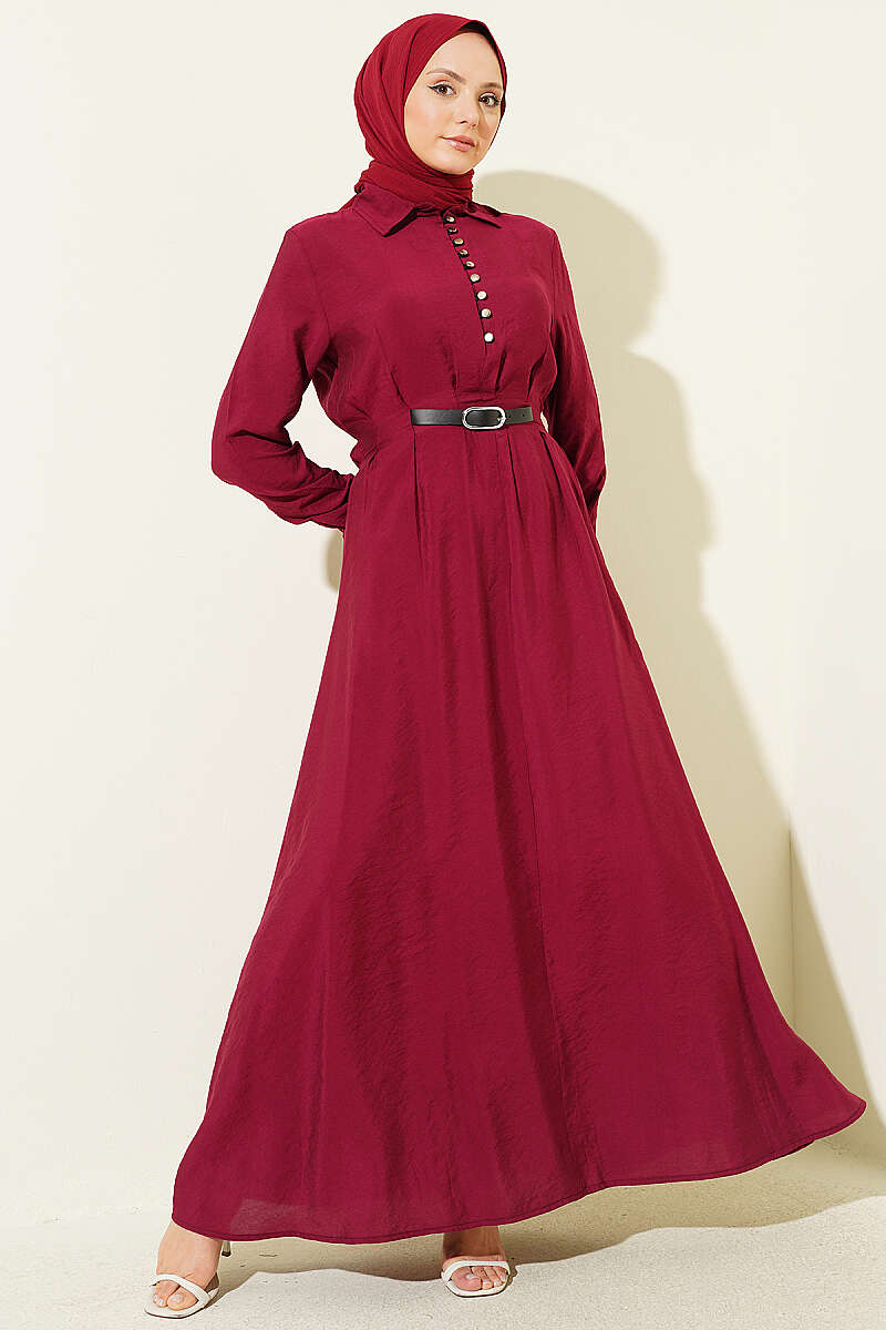 Half Rivet-Button Dress with Belt Detail - Burgundy