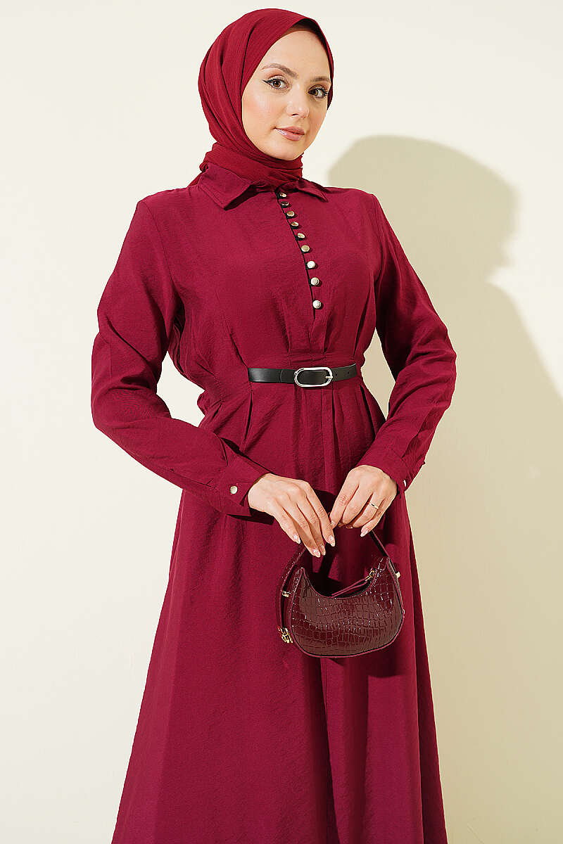 Half Rivet-Button Dress with Belt Detail - Burgundy