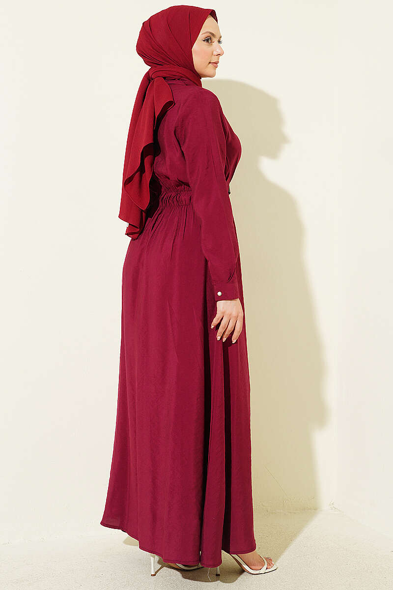 Half Rivet-Button Dress with Belt Detail - Burgundy