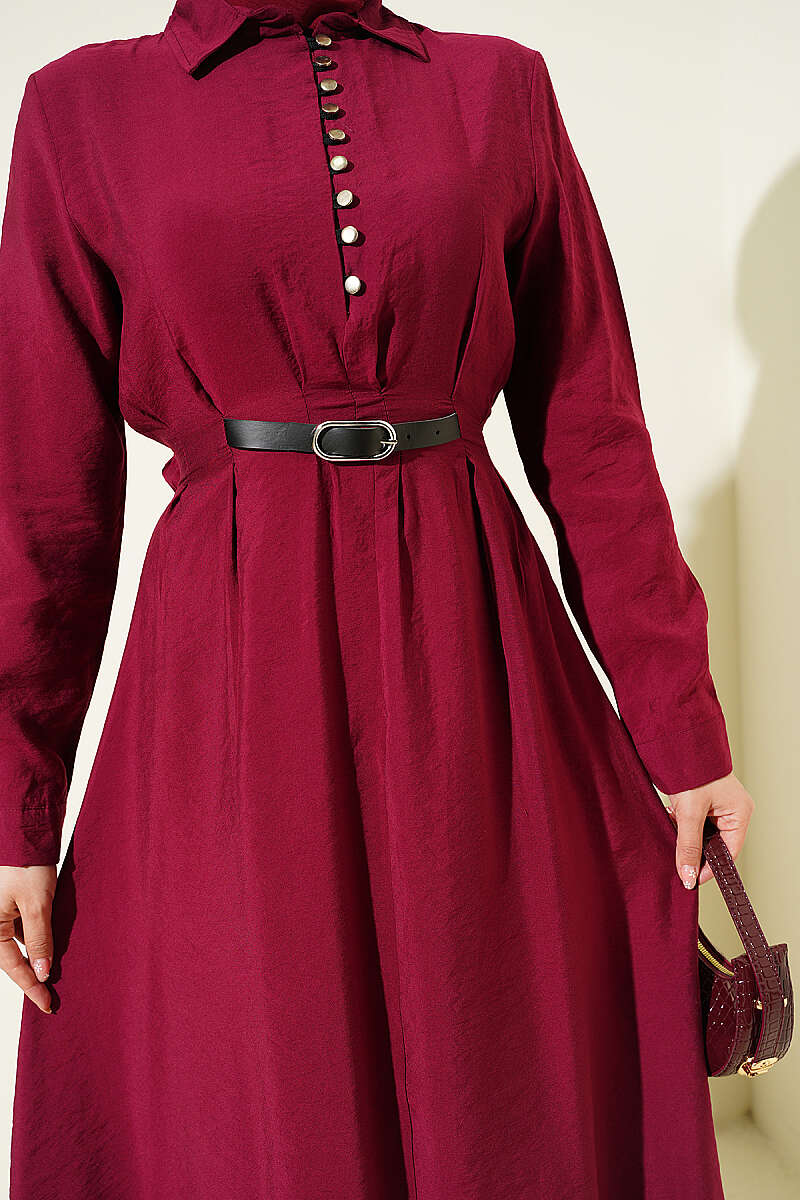 Half Rivet-Button Dress with Belt Detail - Burgundy