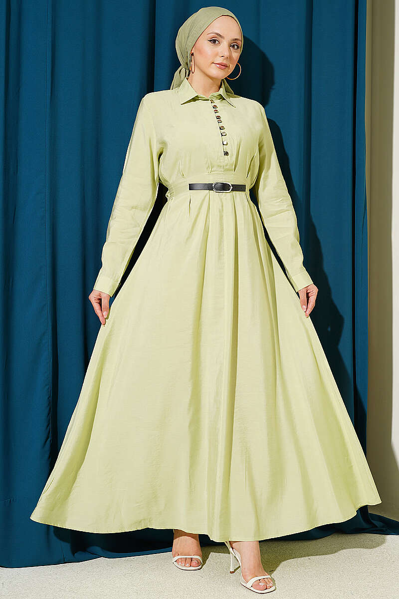 Half Rivet-Button Dress with Belt Detail - Almond Green