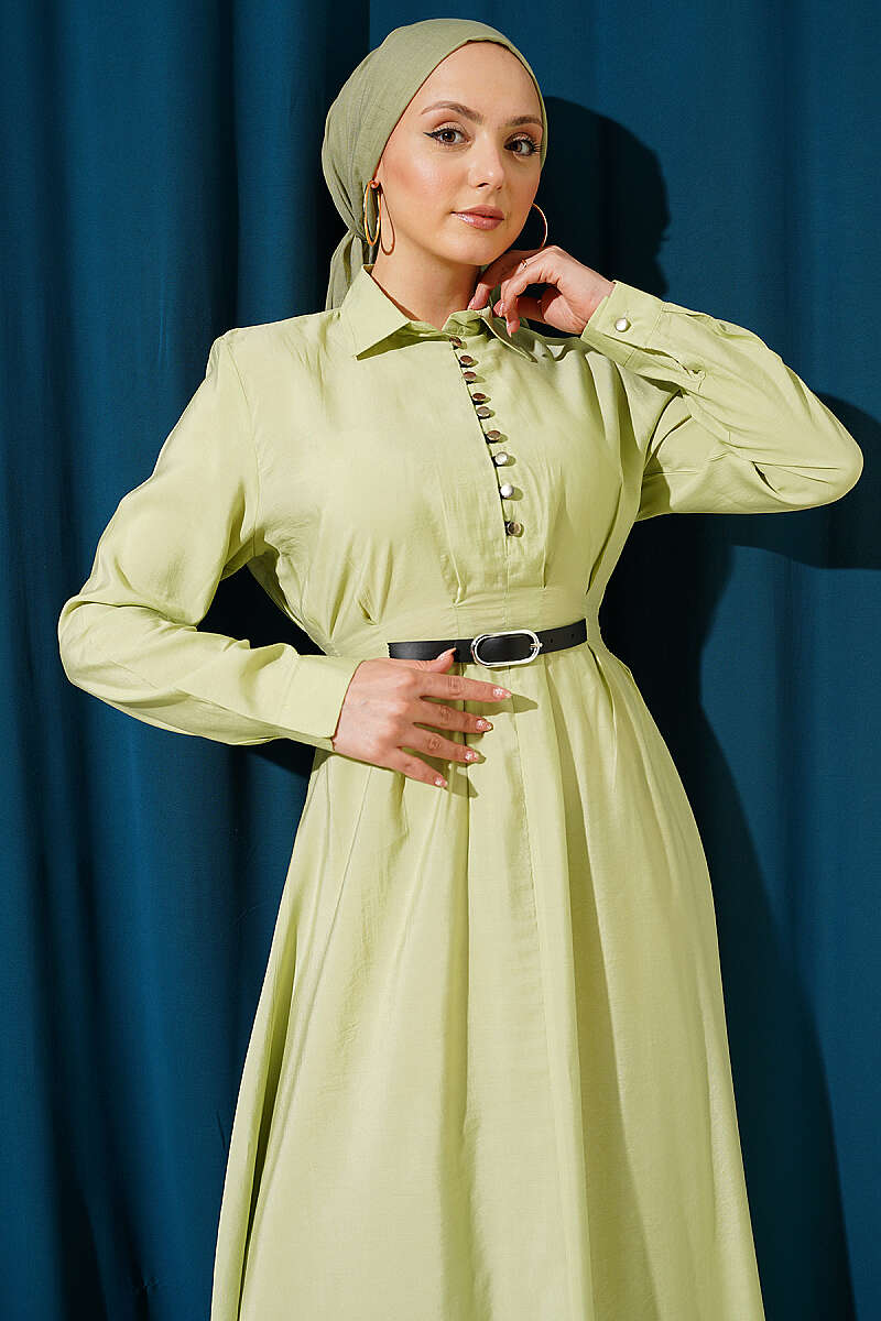 Half Rivet-Button Dress with Belt Detail - Almond Green
