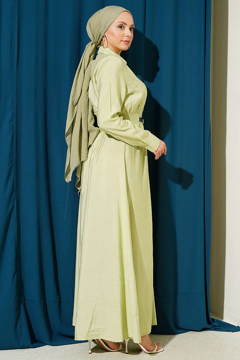 Half Rivet-Button Dress with Belt Detail - Almond Green