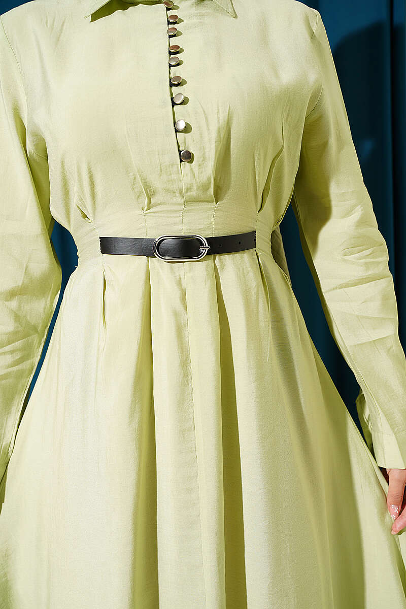 Half Rivet-Button Dress with Belt Detail - Almond Green