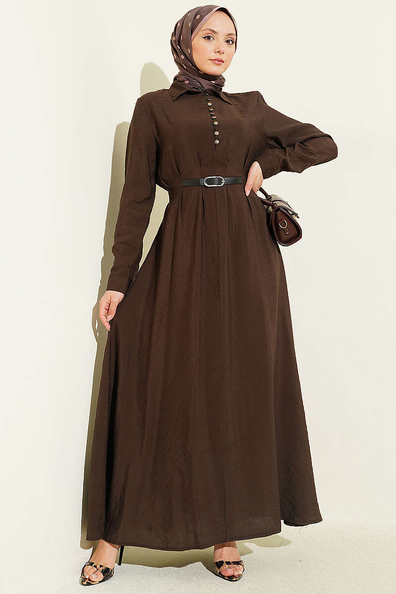 Half Rivet-Button Dress with Belt Detail - Brown