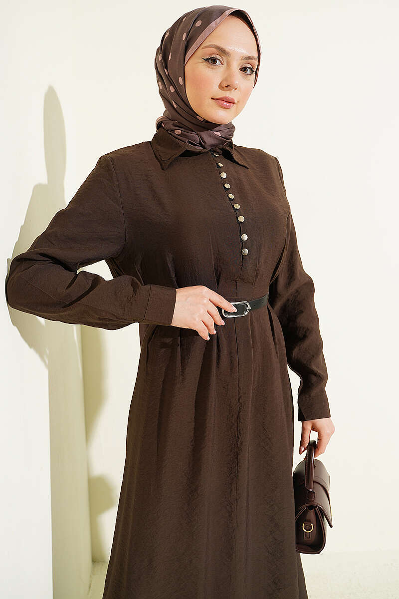 Half Rivet-Button Dress with Belt Detail - Brown