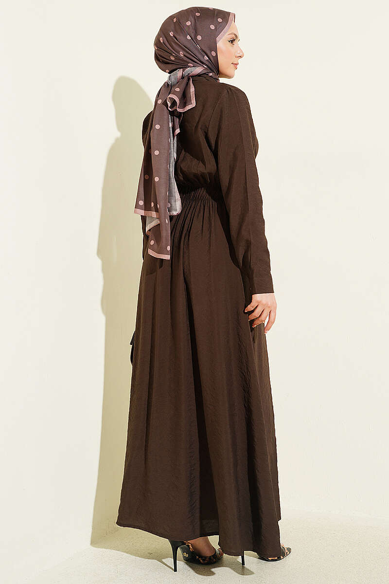 Half Rivet-Button Dress with Belt Detail - Brown