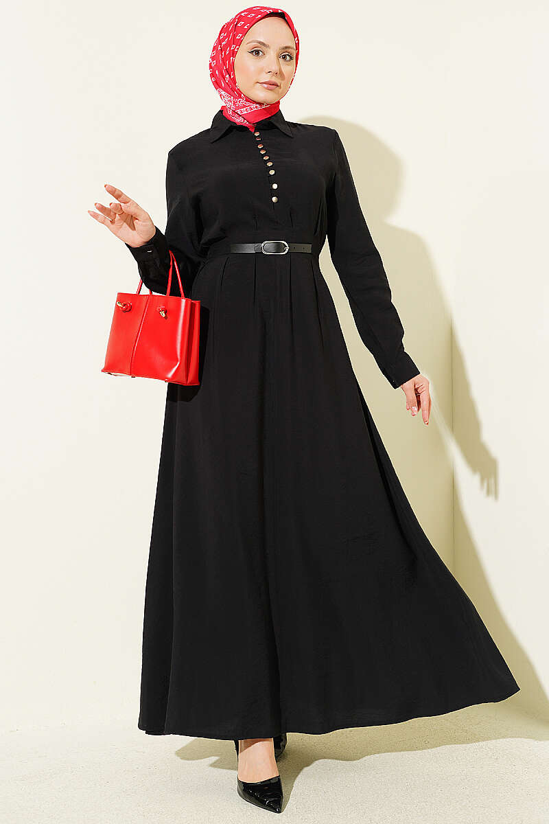 Half Rivet-Button Dress with Belt Detail - Black