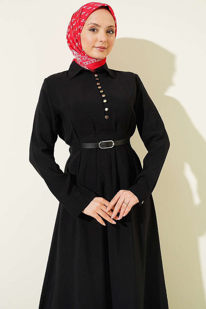 Half Rivet-Button Dress with Belt Detail - Black