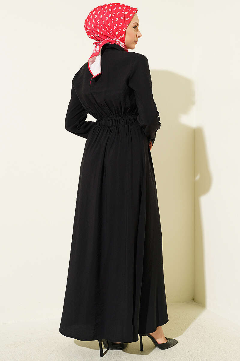 Half Rivet-Button Dress with Belt Detail - Black