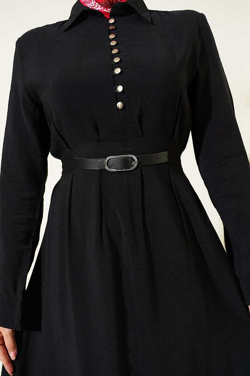 Half Rivet-Button Dress with Belt Detail - Black
