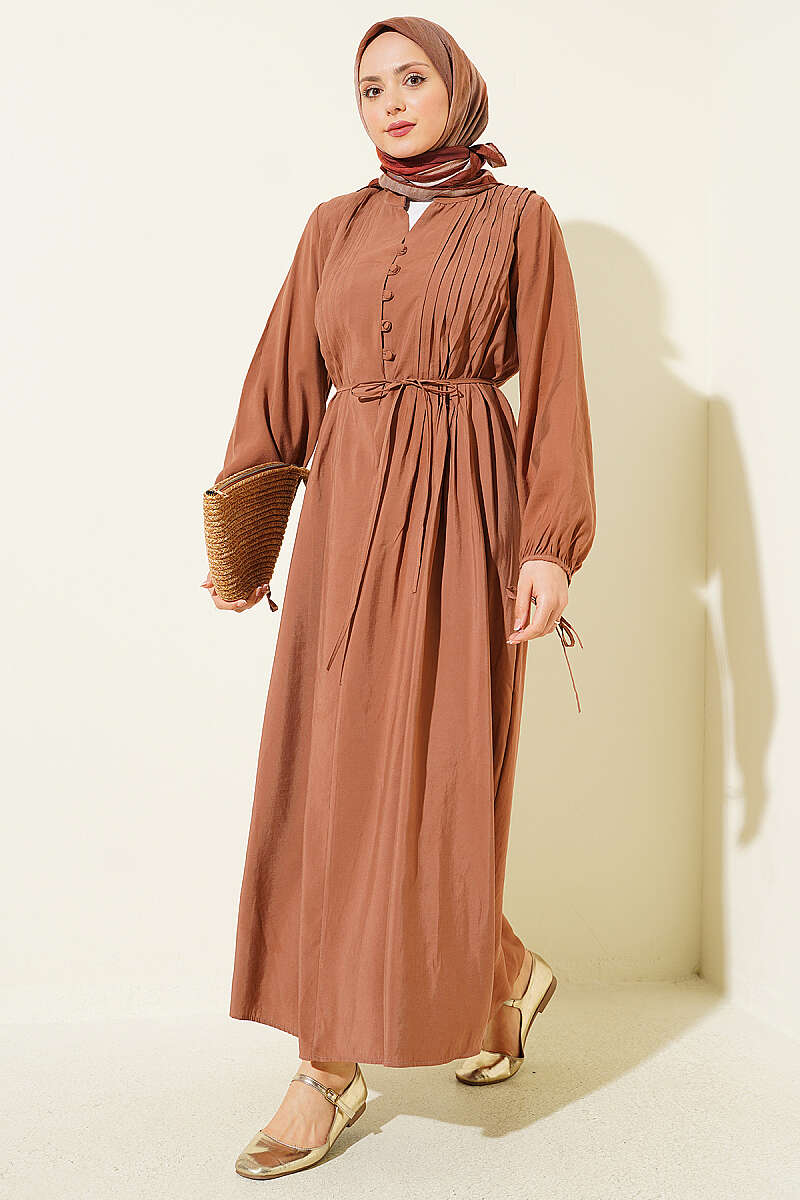 Pintuck Dress with Half Rivet Buttons - Tan