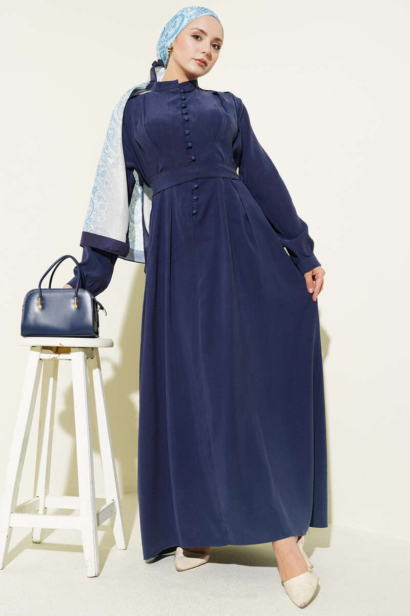 Half Rivet-Button Tencel Dart Dress - Indigo