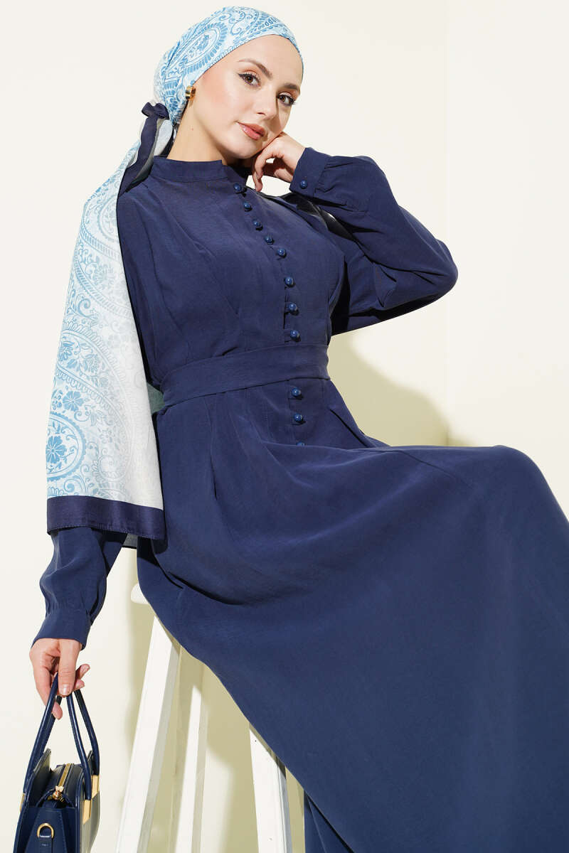 Half Rivet-Button Tencel Dart Dress - Indigo