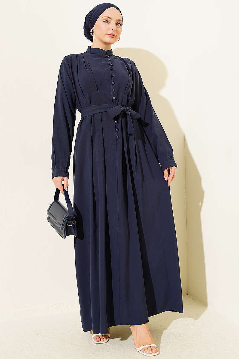 Half Rivet-Button Tencel Dart Dress - Navy