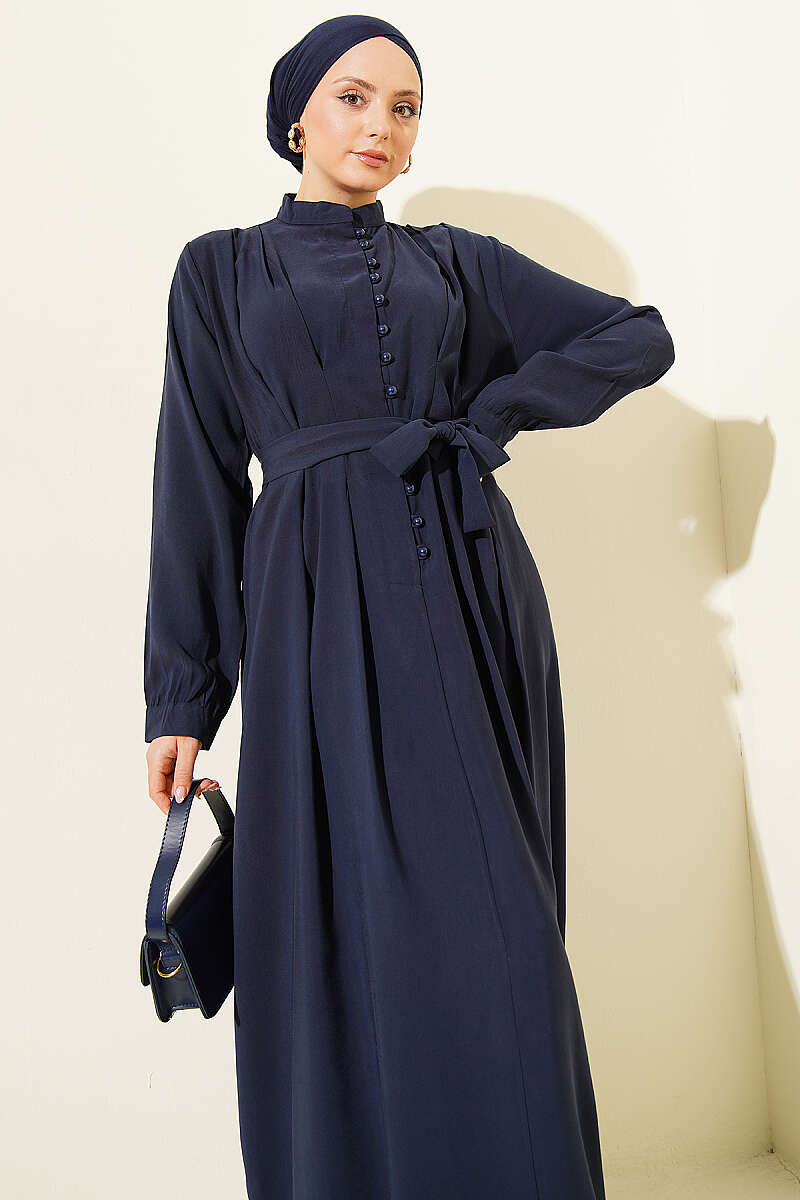 Half Rivet-Button Tencel Dart Dress - Navy