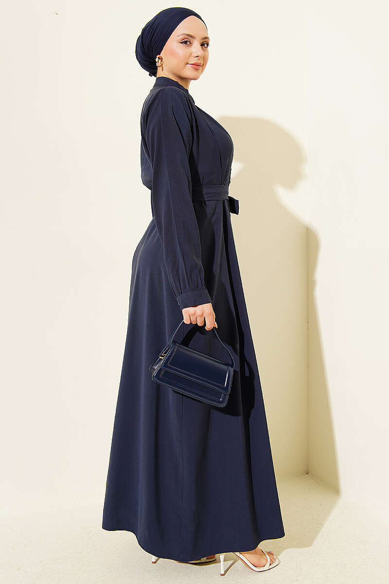 Half Rivet-Button Tencel Dart Dress - Navy