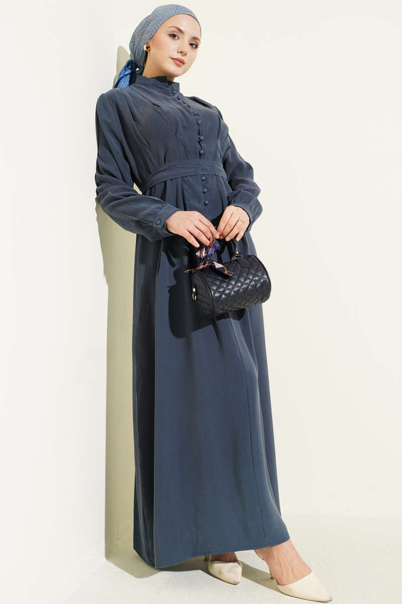 Half Rivet-Button Tencel Dart Dress - Teal