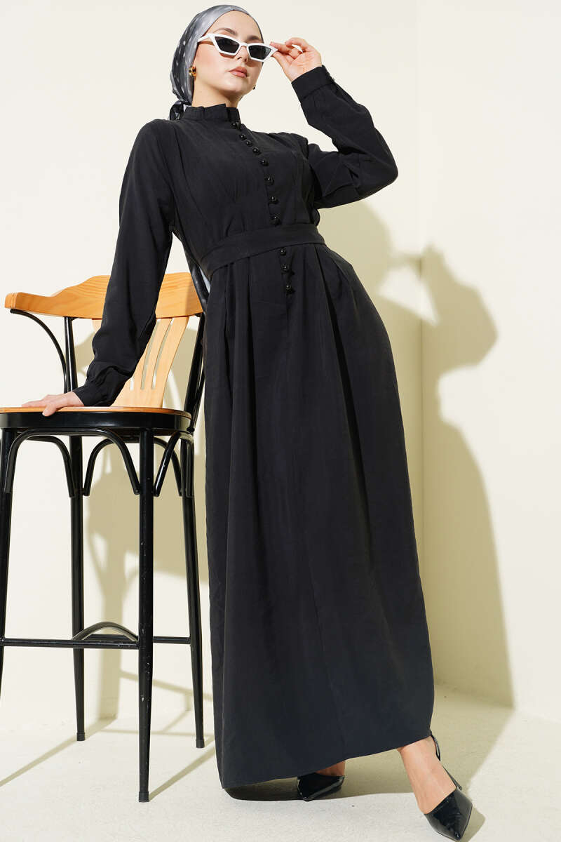 Half Rivet-Button Tencel Dart Dress - Black