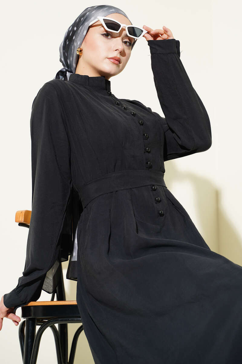 Half Rivet-Button Tencel Dart Dress - Black