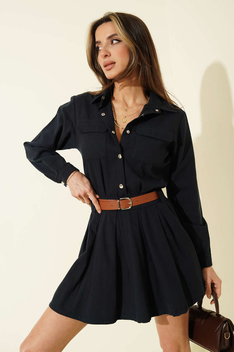 Belted Pleated Mini Dress with Half Snaps - Navy