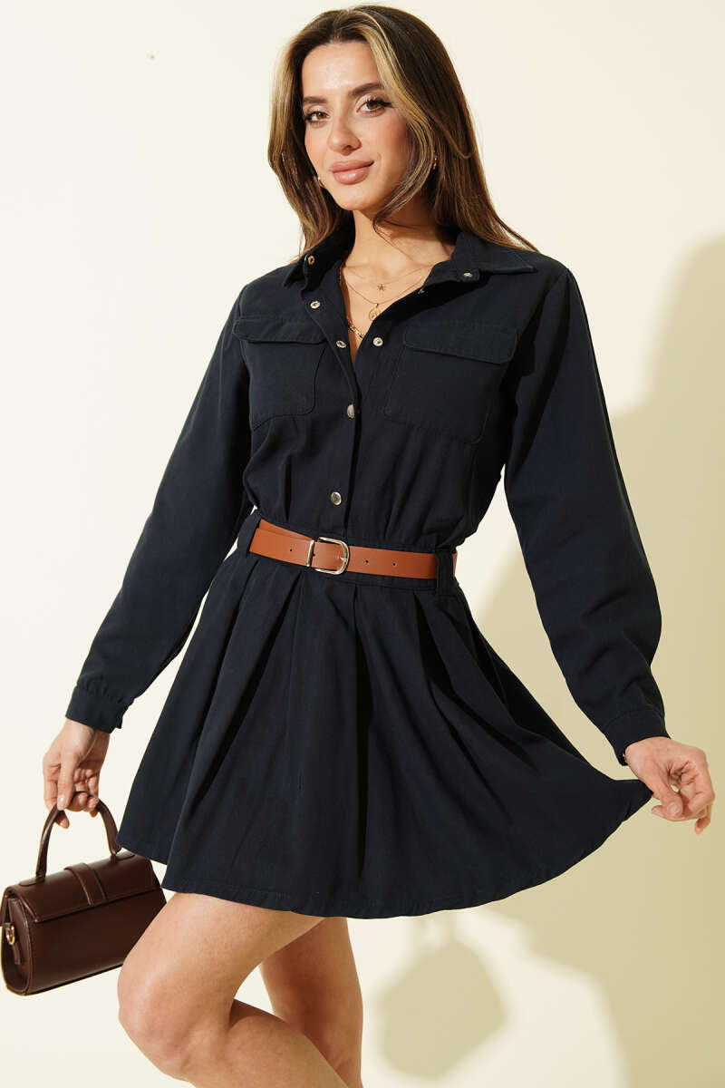 Belted Pleated Mini Dress with Half Snaps - Navy