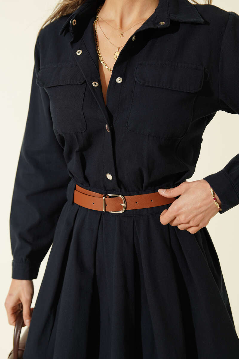 Belted Pleated Mini Dress with Half Snaps - Navy