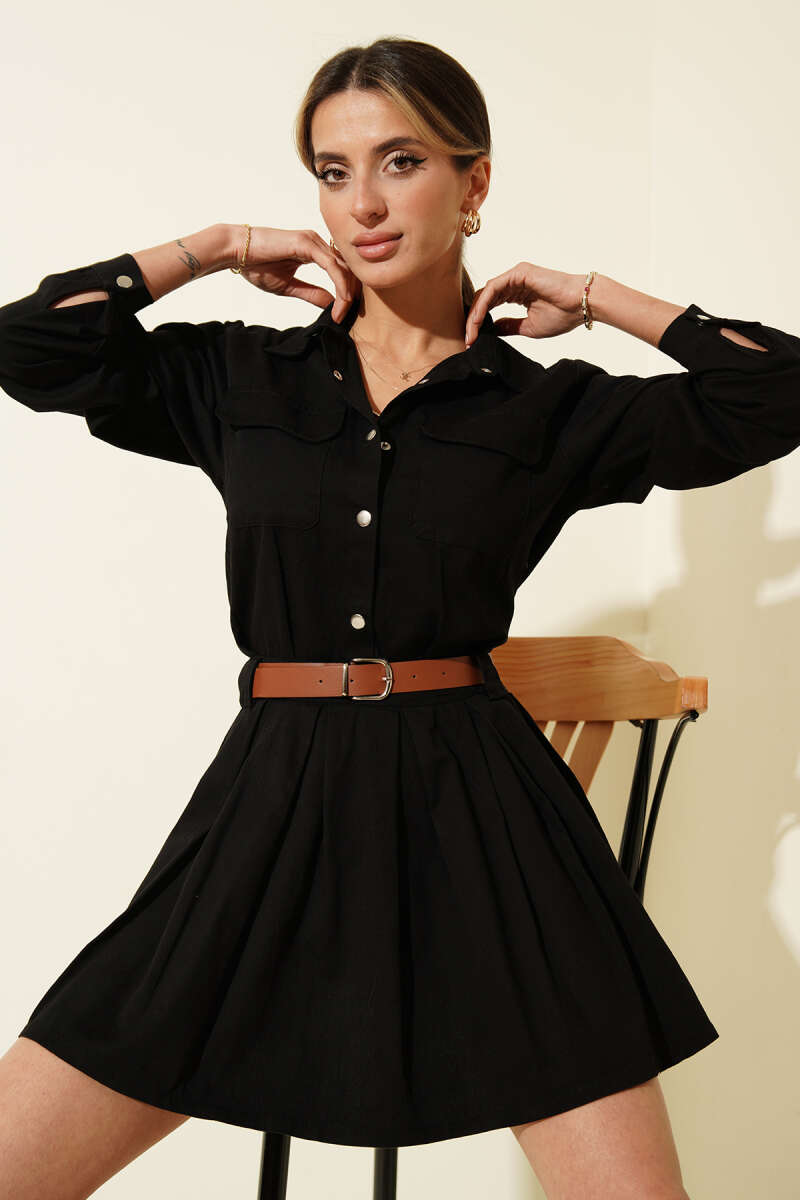 Belted Pleated Mini Dress with Half Snaps - Black
