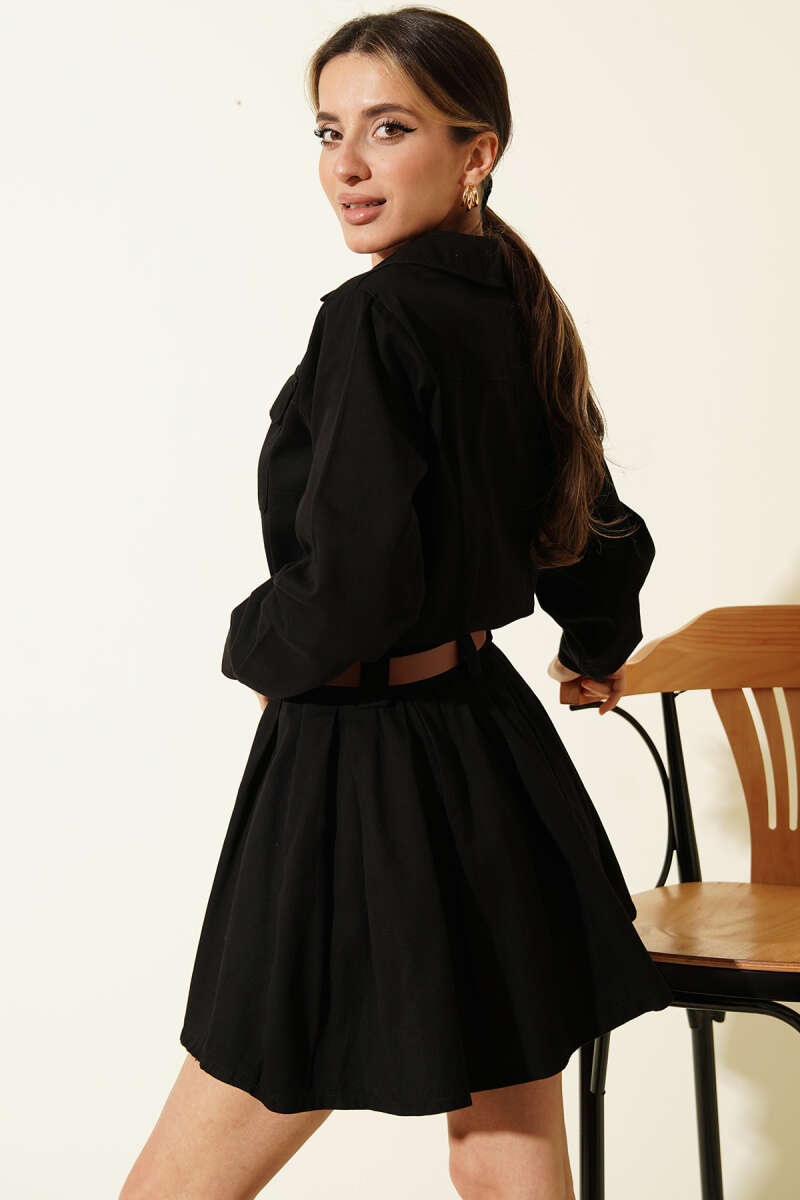Belted Pleated Mini Dress with Half Snaps - Black