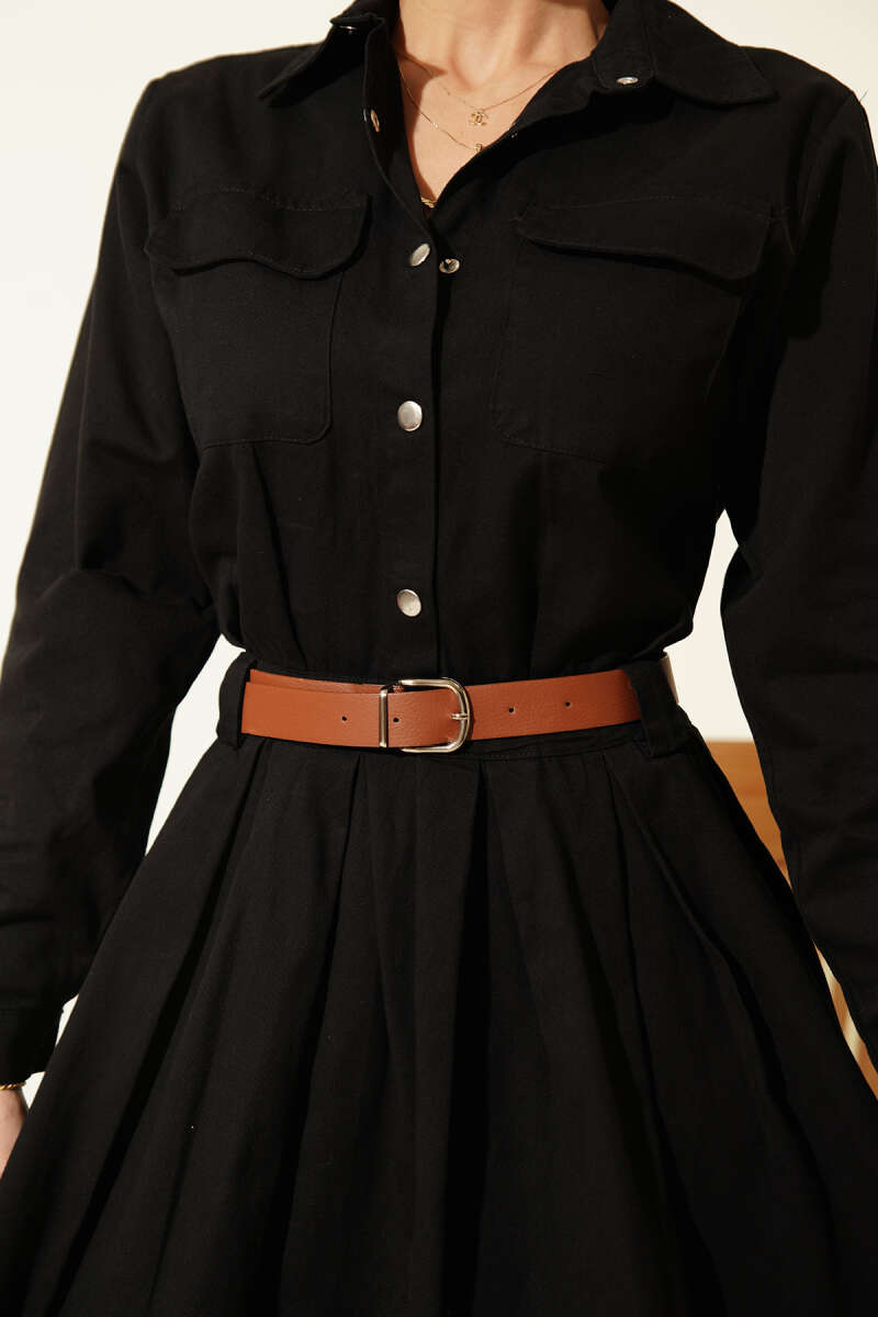 Belted Pleated Mini Dress with Half Snaps - Black