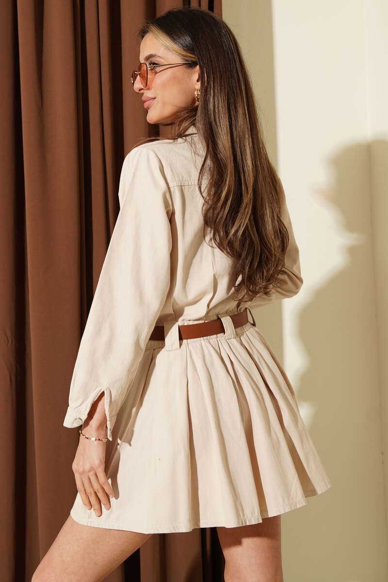 Belted Pleated Mini Dress with Half Snaps - Stone