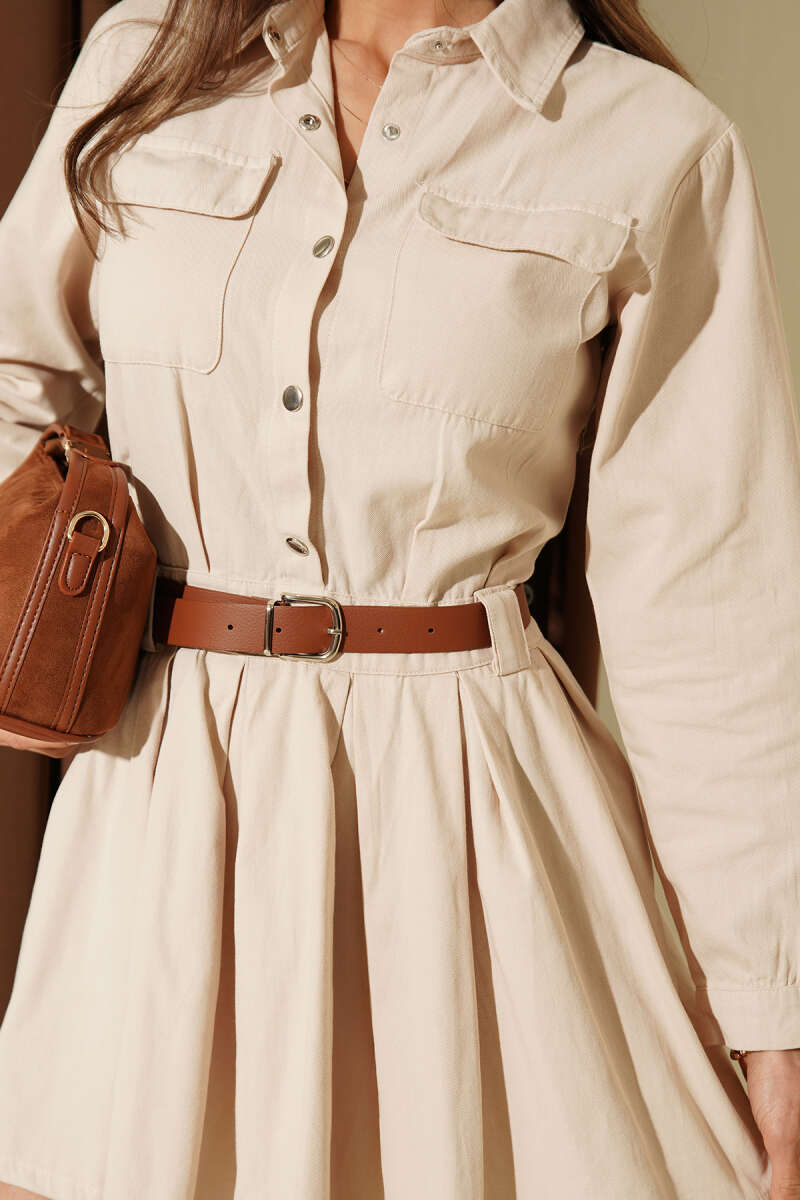 Belted Pleated Mini Dress with Half Snaps - Stone