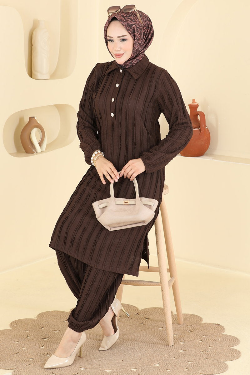 Half-Button Amazon Knit Two-Piece Set - Brown