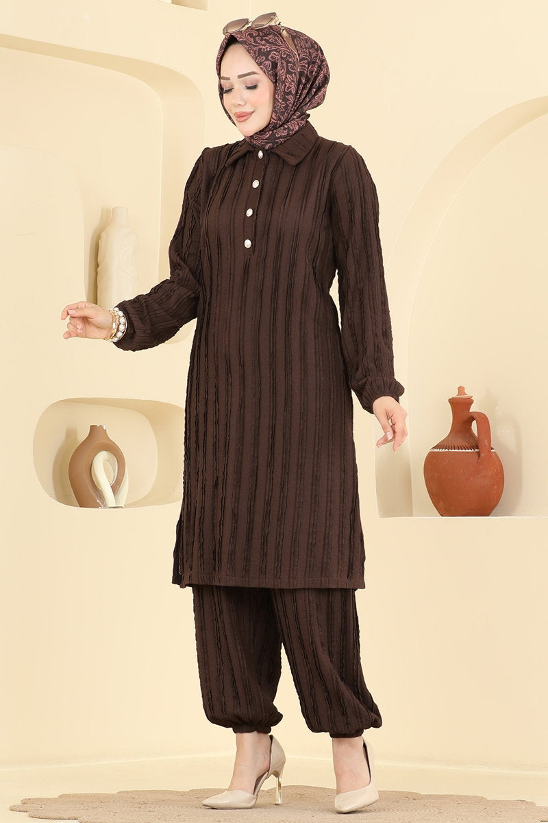Half-Button Amazon Knit Two-Piece Set - Brown