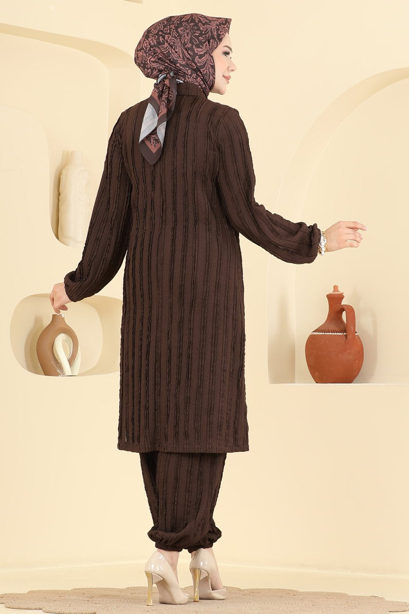 Half-Button Amazon Knit Two-Piece Set - Brown